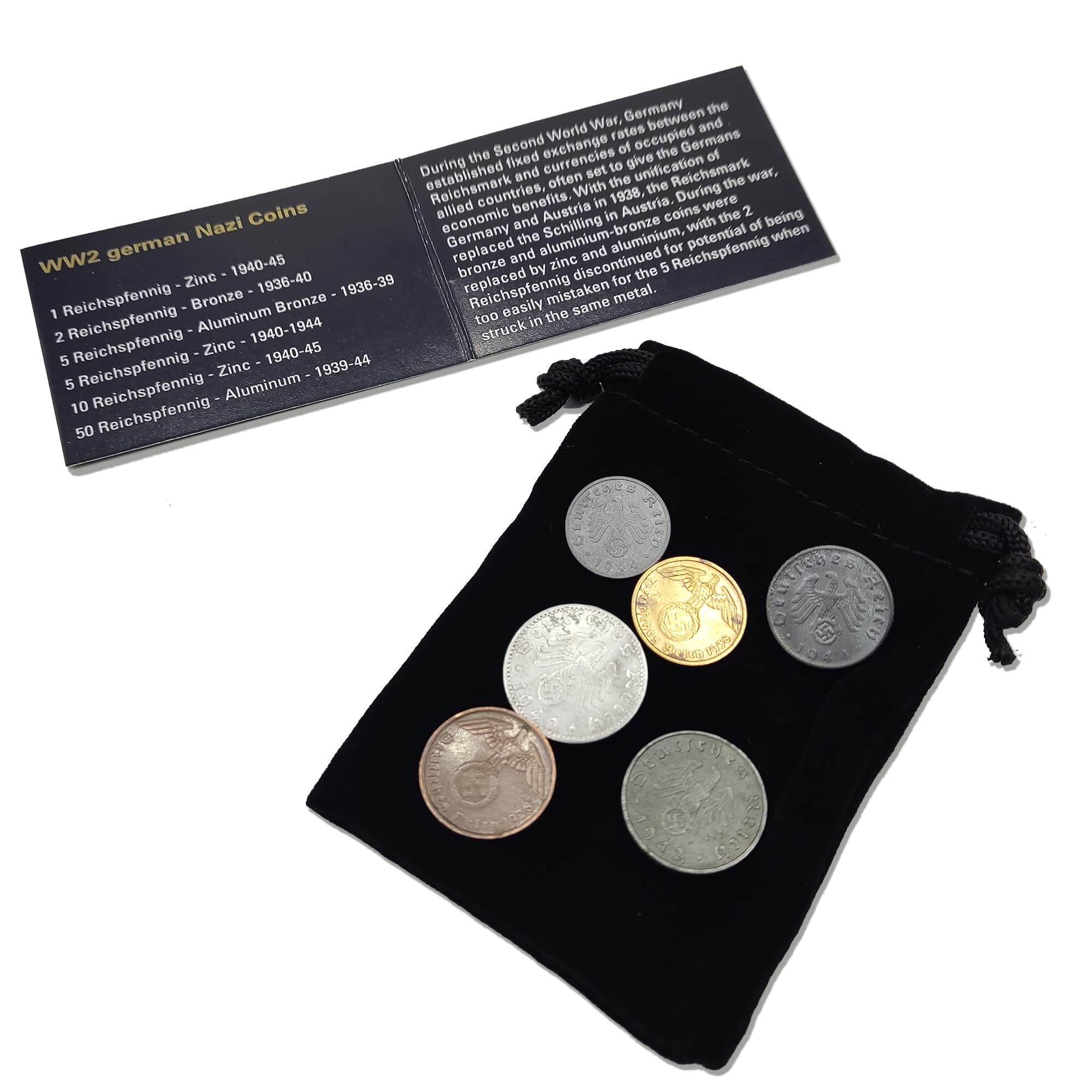 IMPACTO COLECCIONABLES WW2 World Currency - 6 Nazi Coins Issued from 1936/45 - Third Reich WW2 Memorabilia - Axis Velvet Bag Collection