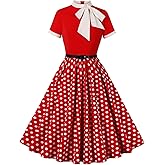 50s Style Dresses for Women Vintage Short Sleeve Tie Neck Swing Dress Midi Prom Dress with Belt