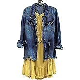 SCOFEEL Women Denim Shirt Jacket Long Sleeve Button Shacket Coat Distressed Washed Ripped Frayed Hem Jean Jacket