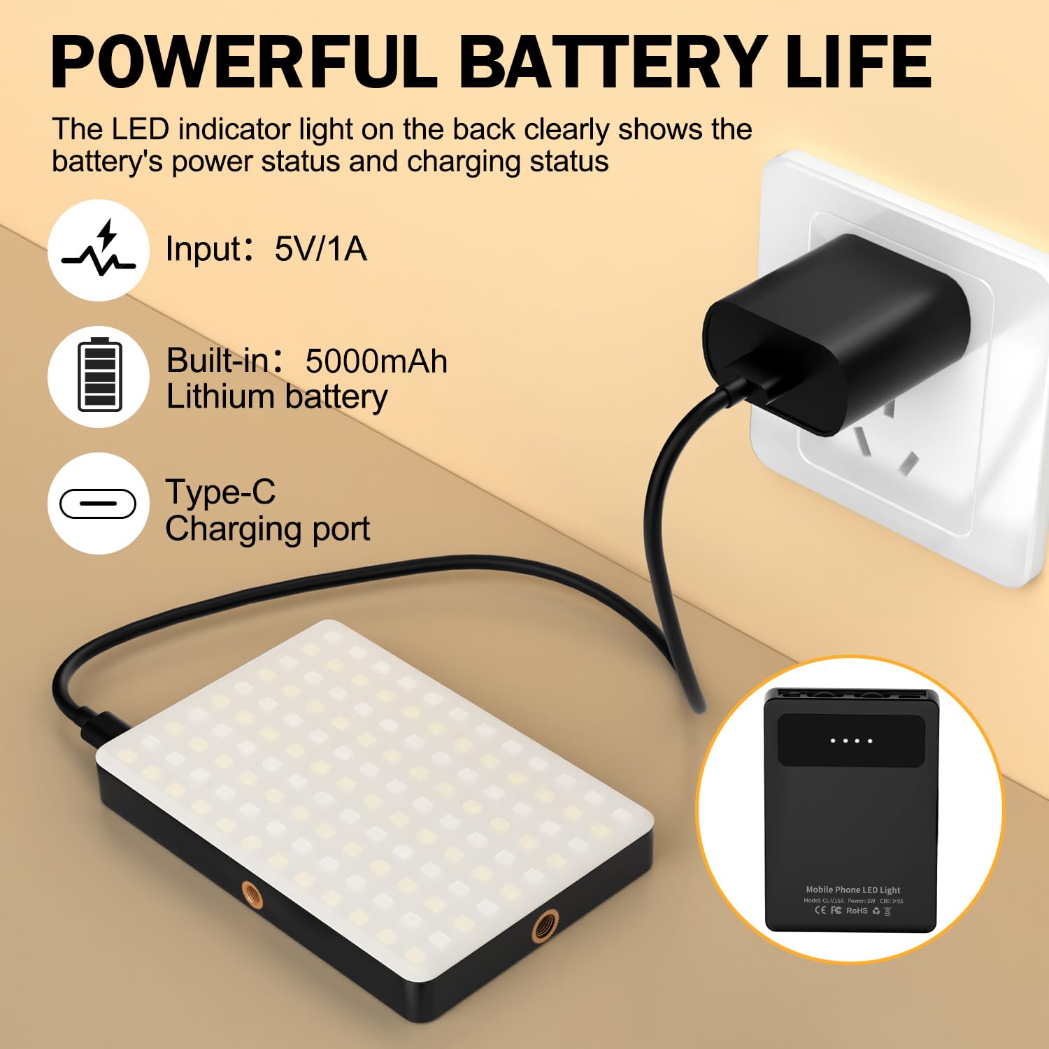 120 LED Selfie Light for iPhone, Portable Phone Light with Clip & Camera Tripod Adapter - 5000mAh Rechargeable, 3 Lighting Modes, CRI 97+ for Video Recording, TikTok, Tripod Mount Rings