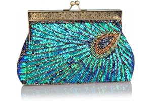 KALINNU Womens Sequin Beaded Evening Bag Antique Peacock Evening Wedding Clutch Purse Evening Handbag for Wedding Party