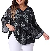 Agnes Orinda Plus Size Women's Dressy Blouse V Neck Mesh Casual Flowy Work Shirts 3/4 Flared Sleeve Tunic Tops