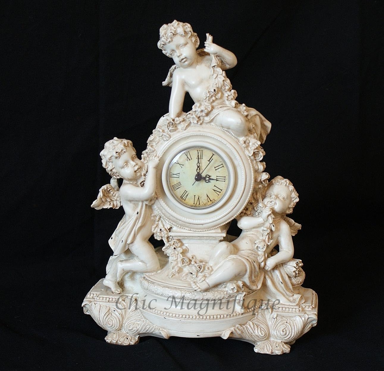 FRENCH SHABBY CHIC CREAM CHERUBS MANTEL CLOCK Amazon.co.uk Kitchen & Home