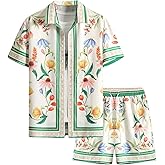 VIPWOLF Men's Floral Short Sleeve Button Down Vacation Shirts and Drawstring Beach Shorts Sets