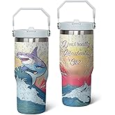Linen Geometric 30 Oz Shark Tumbler with Handle and Straw, Insulated Stainless Steel Shark Mug, Leak Proof Travel Mug for Adults