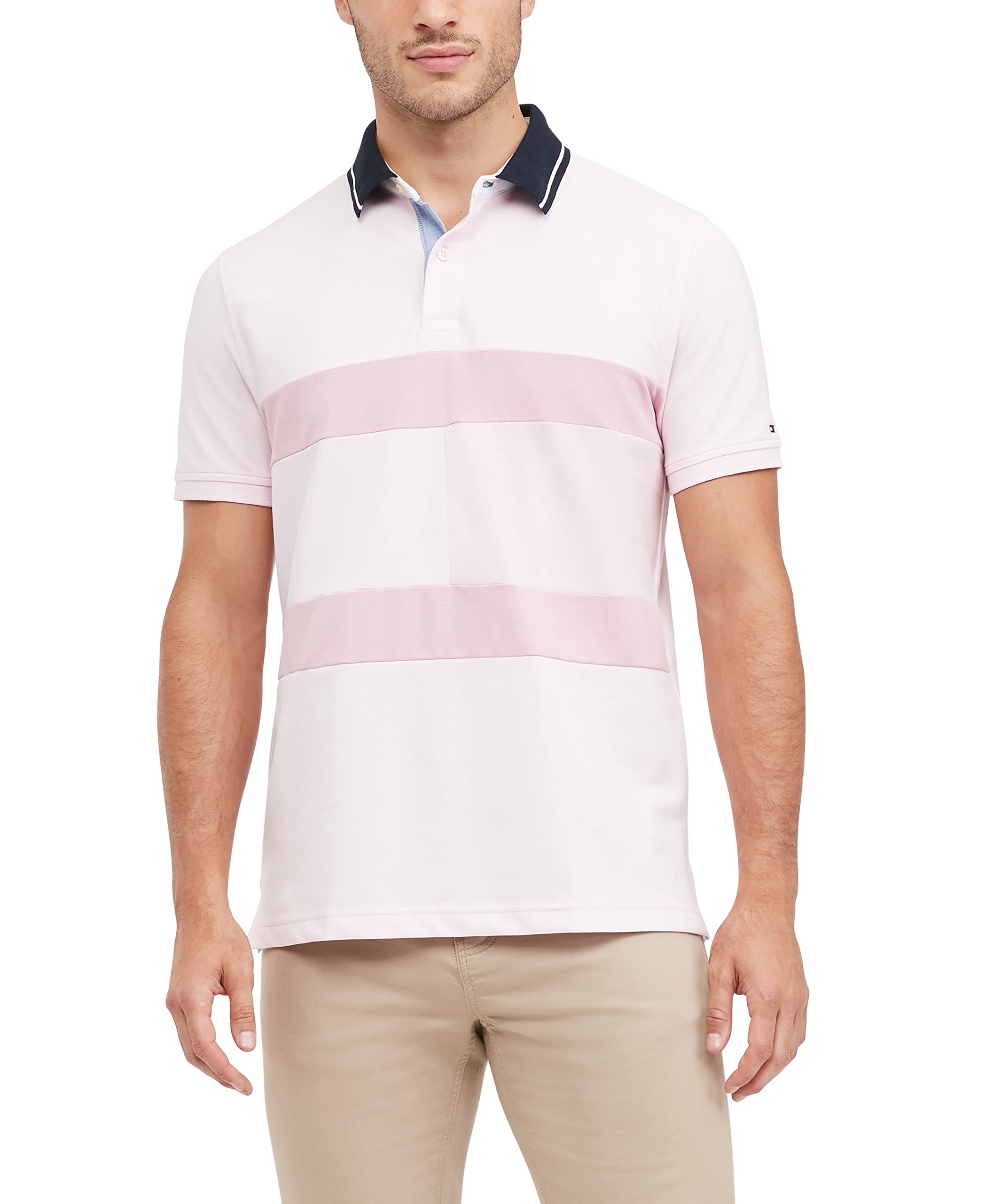 Tommy Hilfiger Mens Short Sleeve Cotton Pique Flag Graphic in Regular Fit Polo Shirt, Light Pink, X-Small US Image