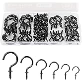 RELBRO Screw Hooks, 6 Sizes Metal Screw in Cup Hooks, 1/2 Inch, 5/8 Inch, 3/4 Inch, 7/8 Inch, 1 Inch, 1-1/4 Inch, Black, 110 Pcs