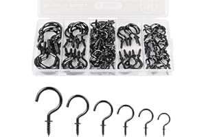 RELBRO Screw Hooks, 6 Sizes Metal Screw in Cup Hooks, 1/2 Inch, 5/8 Inch, 3/4 Inch, 7/8 Inch, 1 Inch, 1-1/4 Inch, Black, 110 Pcs