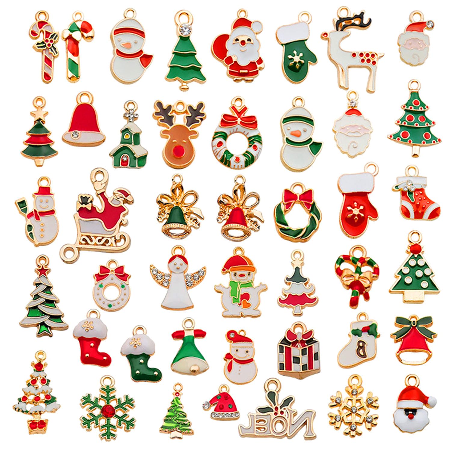 Rumyve 50Pcs Gold-Plated Christmas Enamel Charms Set - Santa Claus, Reindeer, Snowman Resin Charms, Alloy Pendants for DIY Jewelry, Craft Projects, Bracelets, Necklaces, Christmas Decorations
