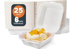 hooray mida To Go Containers Disposable - 6"x6" Heavy-Duty Quality To Go Containers, Natural Disposable Bagasse, Eco-Friendly Biodegradable Made of Sugar Cane Fibers, White, 25-count