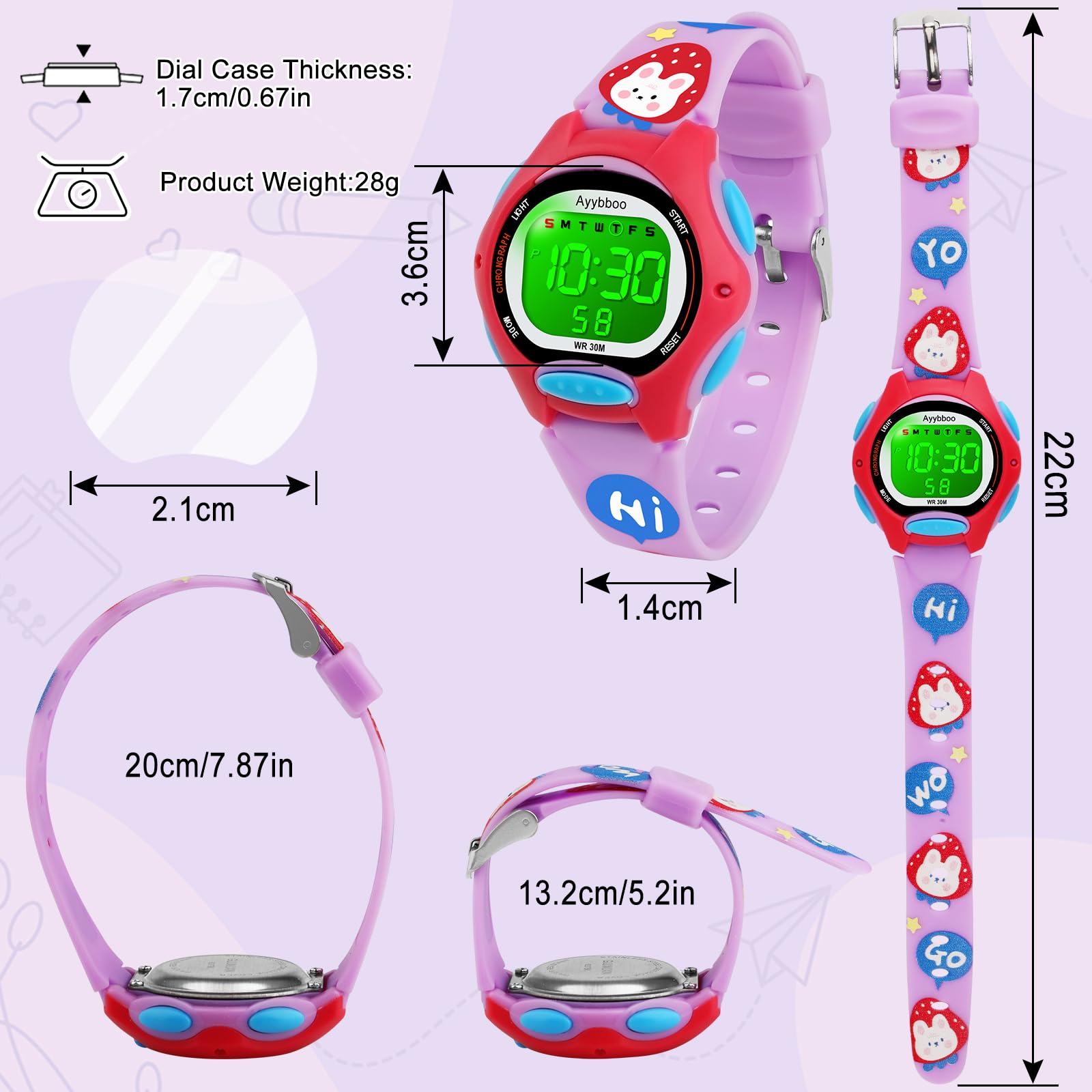 Kids Watch Digital with Cartoon Band, Colorful LED Lights 30M Waterproof, Alarm Clock, Sport Watch with Stopwatch, Cute Child Presents for Girls Boys Ages 5-12