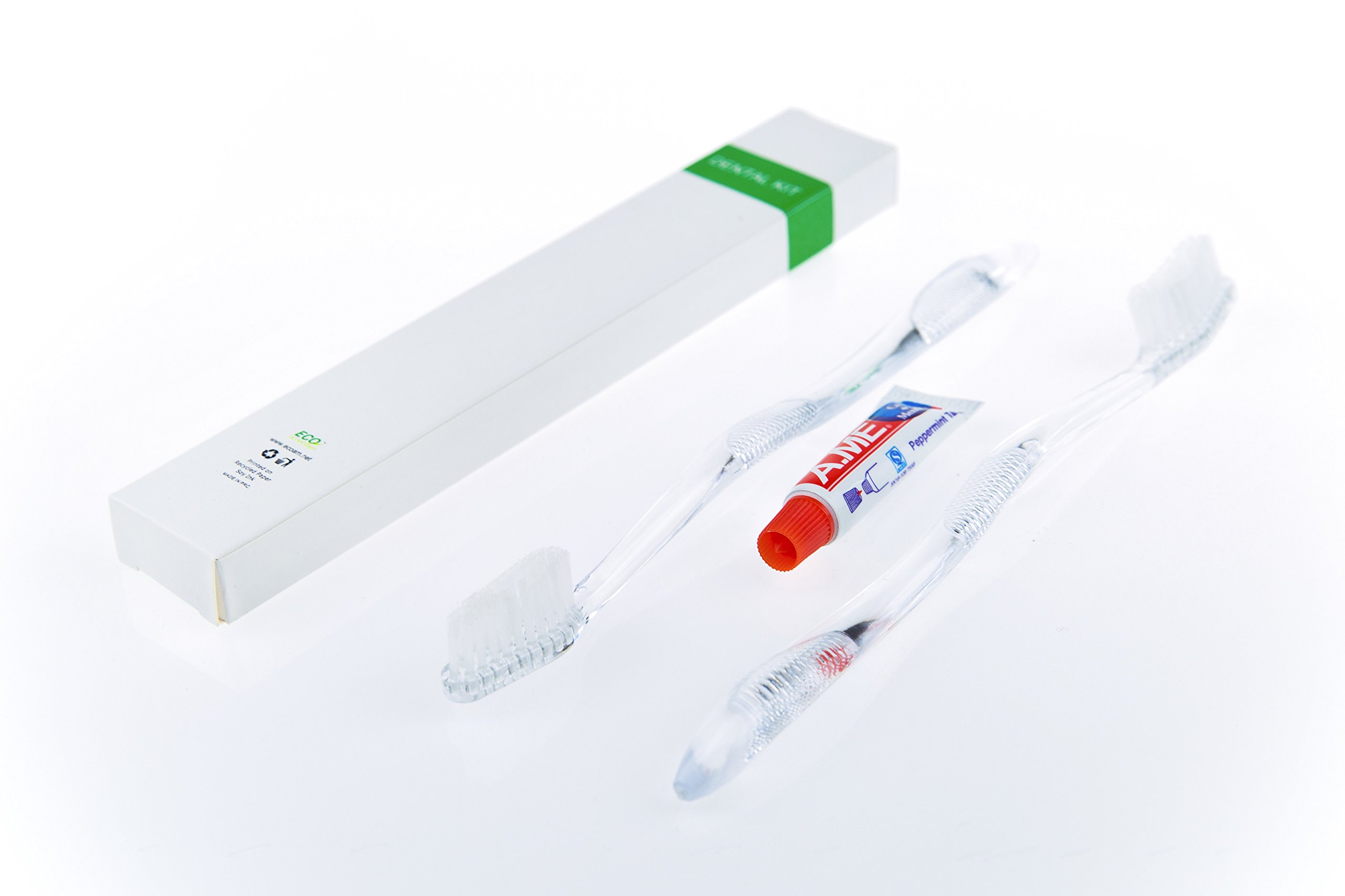 ECO amenities Bulk Travel Toothbrush & Toothpaste Kit - 100 Count, Transparent, Peppermint - Disposable Hotel Dental Kit