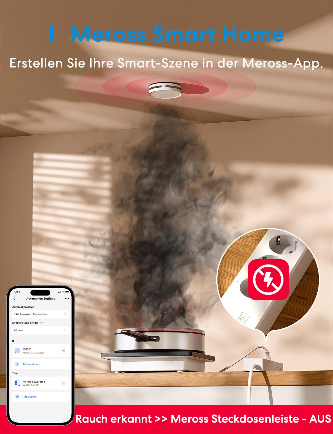 Meross Matter Rauchmelder vernetzt, Smart Feuermelder WLAN mit Dual-Lichtsensor, Brandmelder mit APP Warnmeldung, Kompatibel mit Home Assistant, HomeKit, Alexa, Google, 33 mm, mit MSH450 Hub, 3 Stück 5