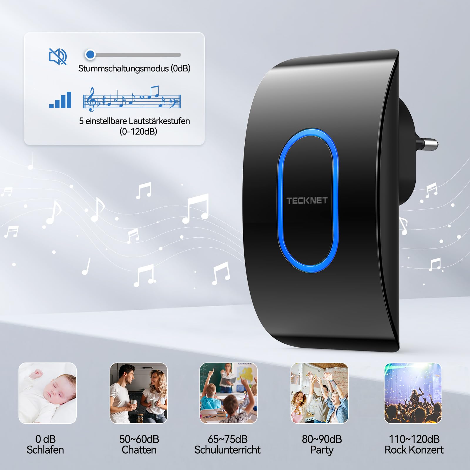 TECKNET Türklingel IP65 Funkklingel Aussen Wasserdicht, 400m Reichweite, Klingelset mit 1 Sender und 3 Empfängern, 5 Lautstärkestufen, 60 Melodien, Funkklingel mit LED-Blitz – Schwarz 5