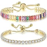 Wovanoo 2 Pieces Tennis Bracelets for Women Cubic Zirconia Bracelet Rhinestone Adjustable Slider Bracelets