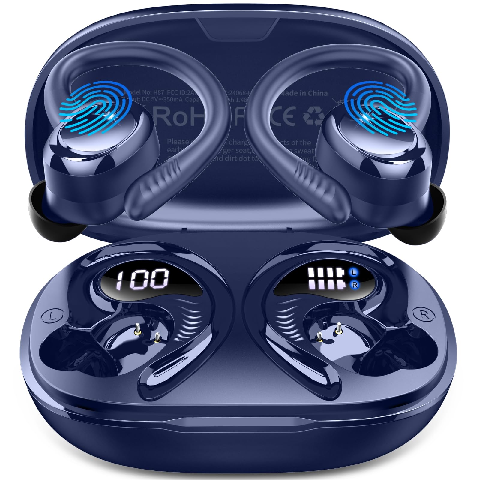 Photo 1 of Hupoaf Wireless Earbuds Sport, 2025 Bluetooth 5.4 Headphones with Earhooks, 50H Stereo Deep Bass Over Ear Buds with 4 ENC Noise Canceling Mics, IP7 Waterproof Earphones for Running Workout Gym -Blue