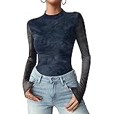 Zeagoo Womens Floral Mesh Long Sleeve Tops See Through Going Out Blouses Mock Neck Sheer Party Outfits Shirts S-XXL
