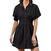 MSBESYOR Women Button Down Pleated Shirt Dress Summer Short Sleeve Blouse Striped Print Corset Mini Dresses
