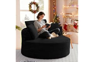 GEEVIVO 53'' Oversized Round Chaise Longue Chair, Upholstered Corduroy Single Cloud Circle Sofa Chair Comfy Deep Seat Boneless Couch Bed No Assembly Required for Living Room, Bedroom Apartment, Black