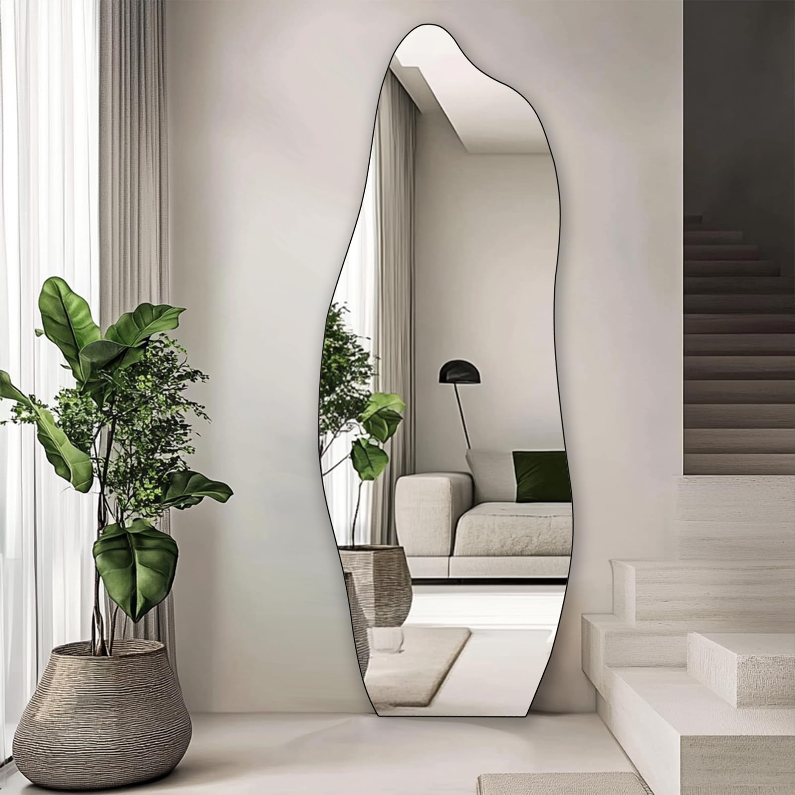 Photo 1 of ***DIRTYYY*** Gluck Plants Full Length Mirror, Irregular Asymmetrical 63x24 Inch Wave Frameless Black Modern Unique Vanity Wall Mirror for Bathroom, Bedroom, Living Room, Entryway, Fireplace