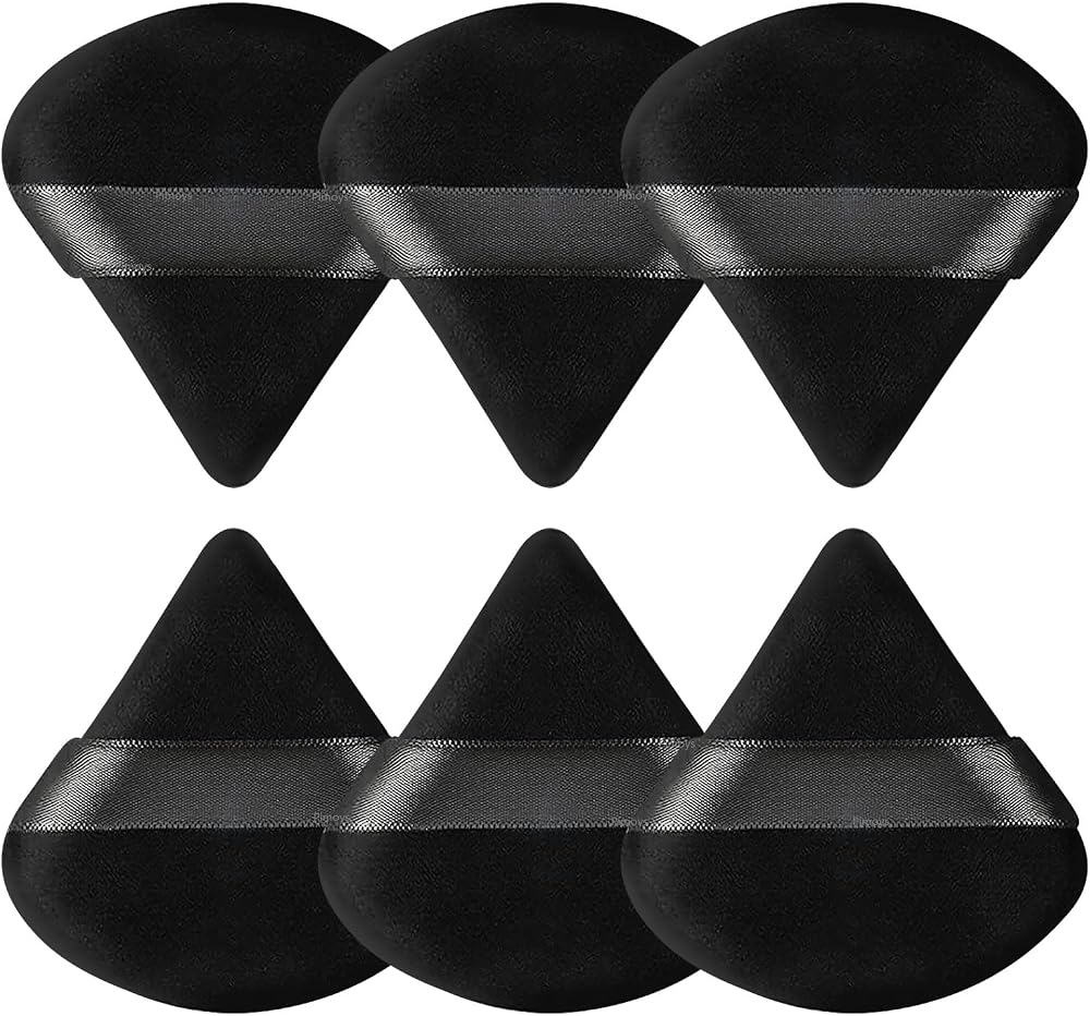 Pimoys Powder Puffs, 6 Pack Triangle Makeup Puff, Black | Soft Velour, Triangle and Round Design, Washable, Finger Strap, for