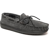 Minnetonka Plaid Lined Hardsole - Moccasin Slippers for Men Made with Suede Upper, Rubber Sole, Plush Interior, Fleece Lining, Rawhide Lace, and Traditional Moccasin Design