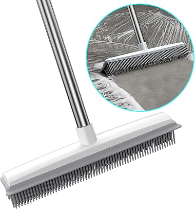 SWETHAW 2 in 1 Rubber Broom with Squeegee Edge Adjustable Handle Pet Hair