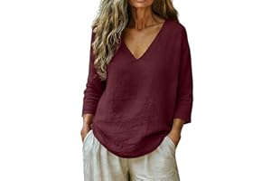 3/4 Length Sleeve Tops for Women Cotton Linen Gauze Shirts Summer V Neck Peasant Blouses Casual Beach Vacation Tees