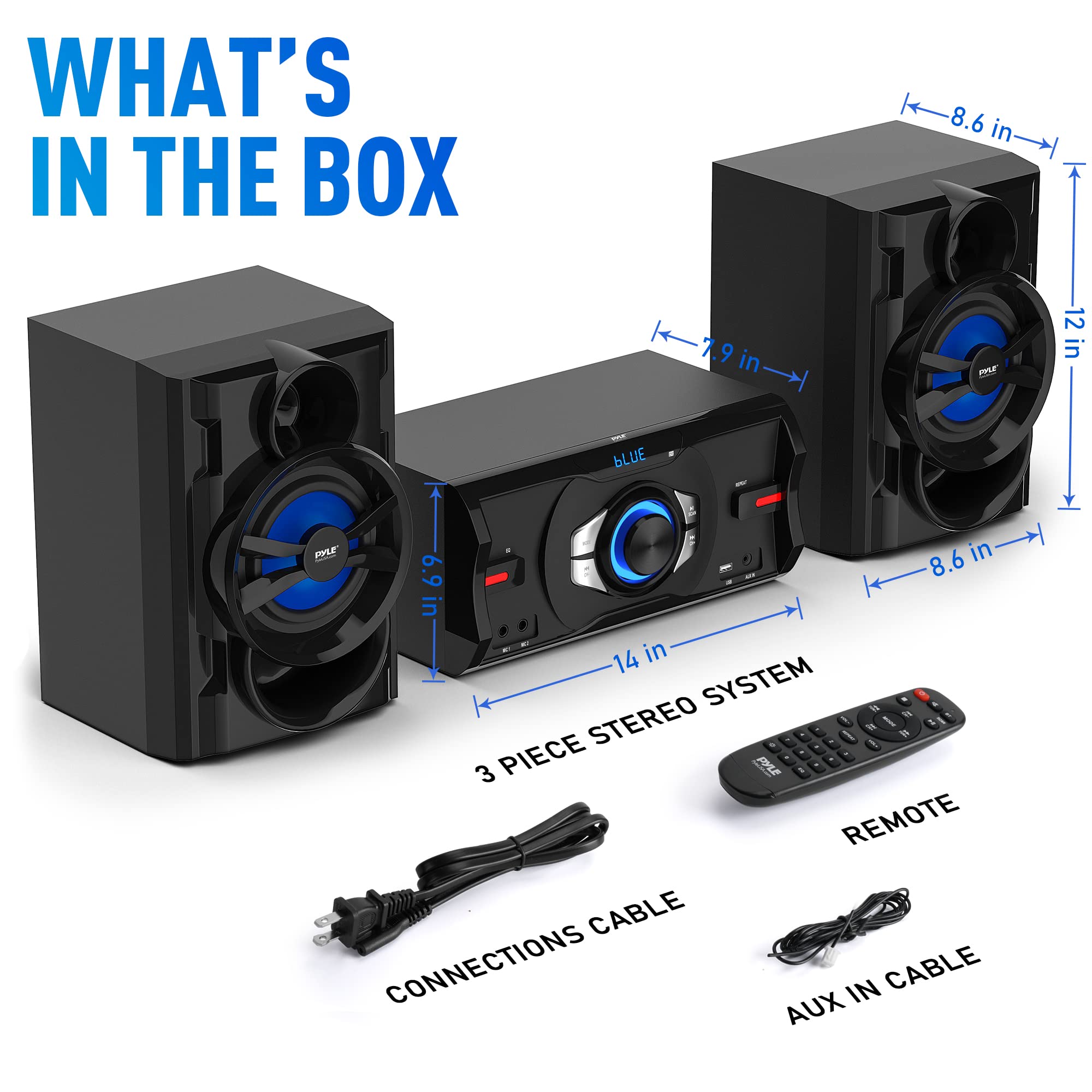 Pyle 3-piece Wireless BT Streaming Stereo with 800 Watt Max Power, Sleek and Compact Design, Mini System for Home with MP3, USB, FM Radio, Bass Reflex Speaker, and Remote Control