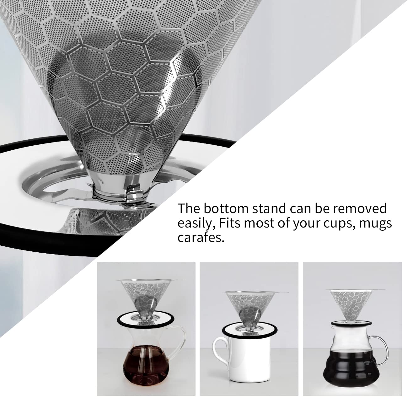 Pour Over Coffee Dripper Reusable Coffee Filter Metal Cone Filter Paperless Coffee Filter Stainless Steel Pour Over Coffee Maker Single Cup Brew Coffee Filter, Double Mesh