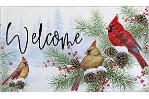 Xsinufn Winter Door Mat Outdoor for Front Door,Cardinal Pine Twigs Berry Merry Christmas Welcome Doormat,Xmas Holiday Floor Rugs for Indoor Porch Entrance Farmhouse Decor 30" x 17"