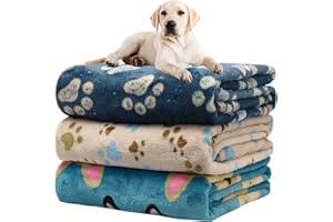 Rezutan Premium Dog Blankets for Large Dogs & Cat Flannel Blanket Washable, Soft Pet Throw Cover for Kennel Crate Bed, Cute Paw Pattern,41x31 inch, Blue/Beige/Navy Blue