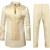 ZEROYAA Men's Africa Suit Long Sleeve Bronzing Print Shirt and Pants Outfit Traditional 2 Piece Set