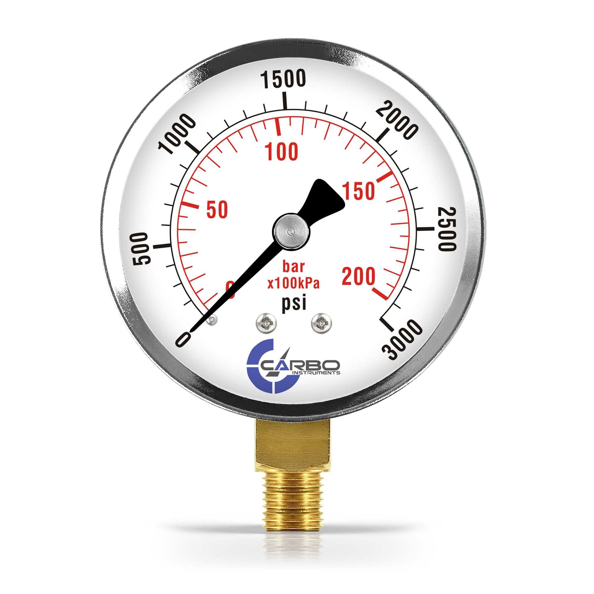 CARBO Instruments 2-1/2" Pressure Gauge, Chrome Plated Steel Case, Dry, 0-3000 psi/kPa, Lower Mount 1/4" NPT