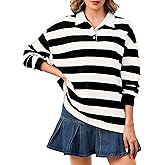 Soamat Women's Oversized Striped Polo Sweatshirt Long Sleeve Rugby Collared Pullover Tops Loose Fit Shirt