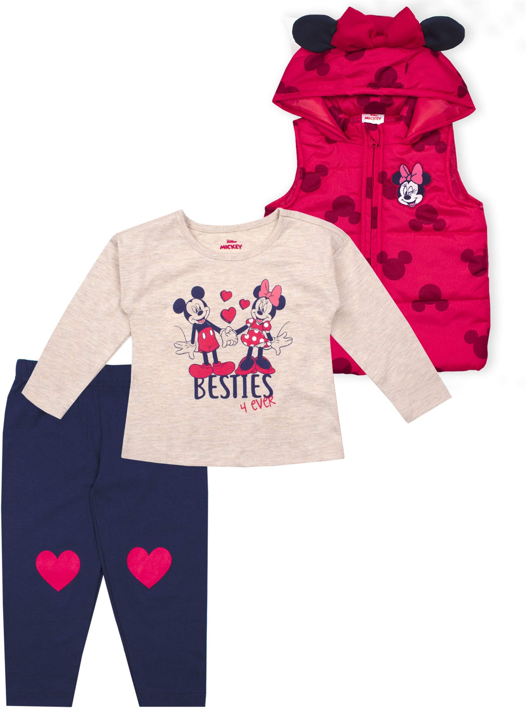 Minnie Mouse Girls' Shirt, Vest and Leggings Set for Toddler and Little Kids - Pink