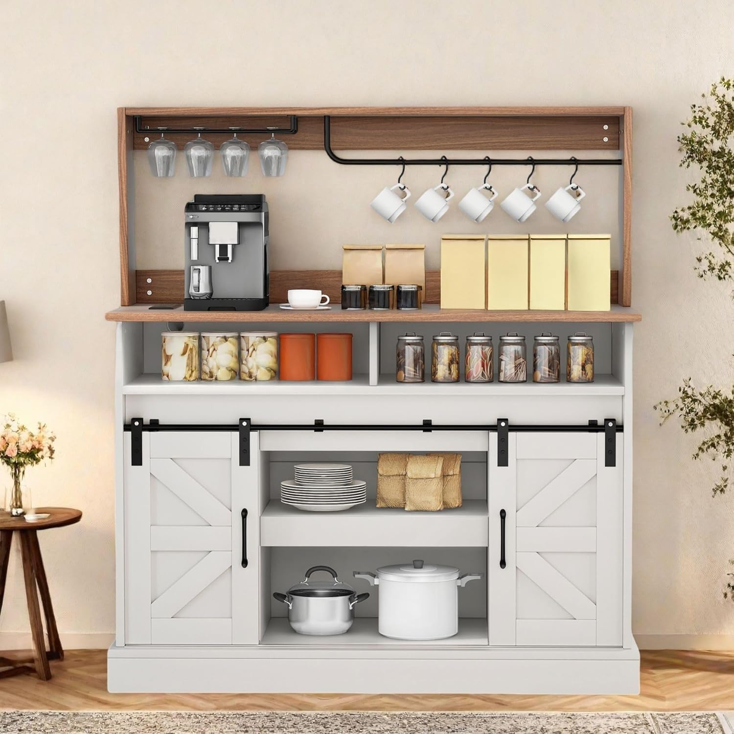 Photo 1 of **DAMAGE TO CORNERS**DWVO Farmhouse Buffet Cabinets, 47" Coffee Bar with Goblet Holder & Power Outlet, Sliding Barn Door Sideboard Cabinet for Kitchen & Living Room Storage (White)