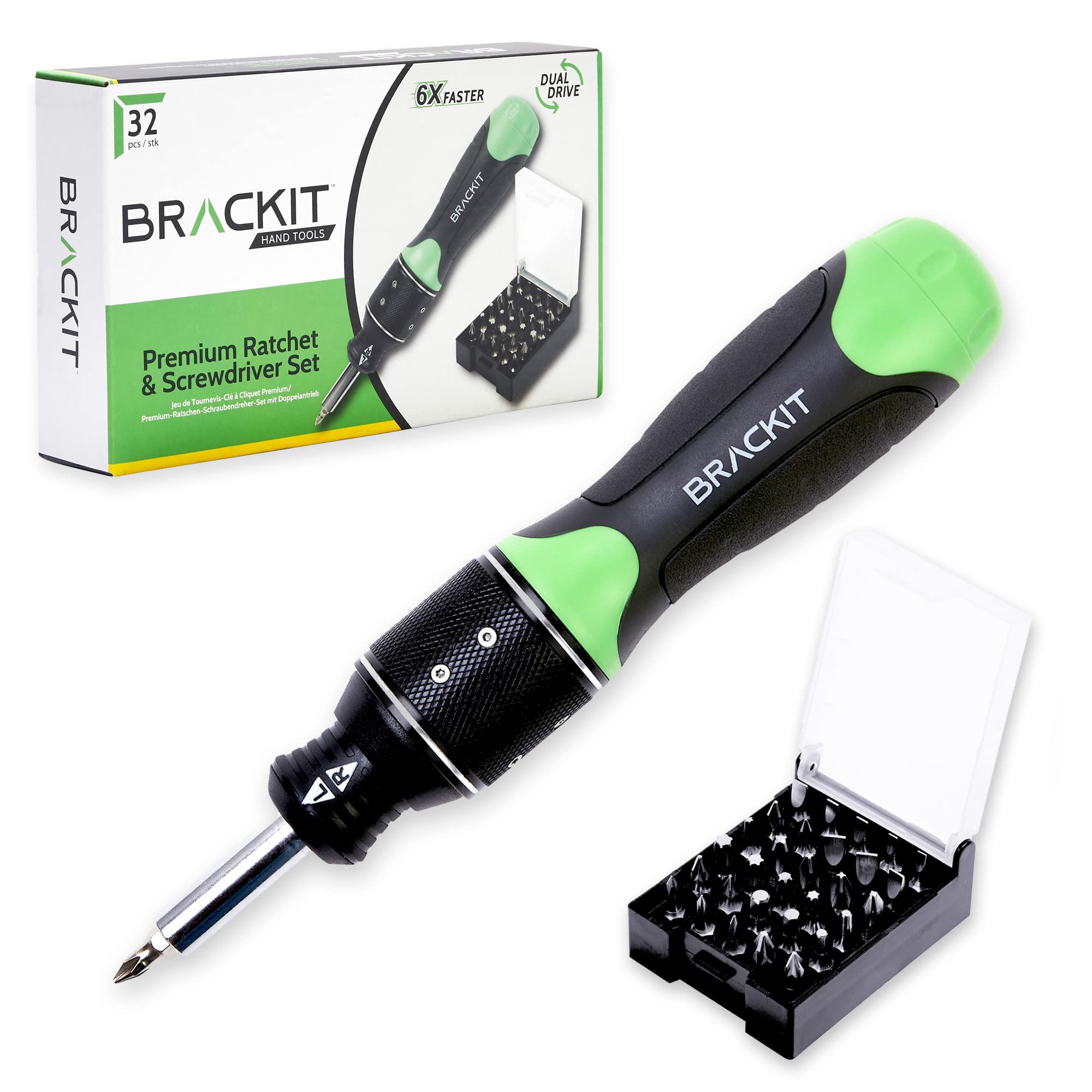 Brackit 2 in 1 Ratchet and Screwdriver with Bits 32 Piece Set - Dual Drive 6X Faster Than Regular Screwdrivers - Handy, Efficient and Durable Ratcheting Screwdriver Set for DIY and Installation Jobs