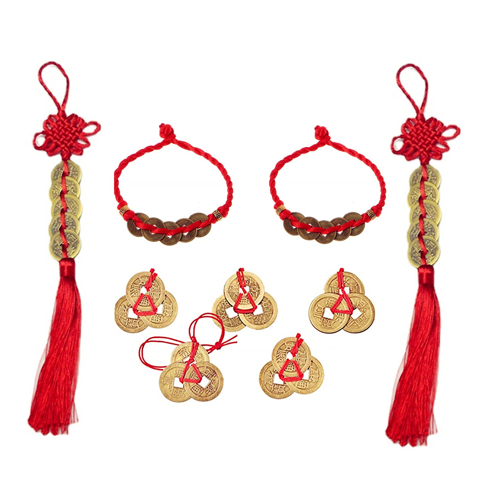 XHBTS 2 Chinese Knot Lucky Coins Feng Shui Coins I-Ching Fortune Coin and 5 Chinese Feng Shui Coins 2 Coins Bracelet for Good Luck and Healthy