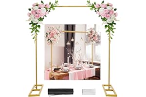 OurWarm 8.2 Ft Adjustable Wedding Backdrop Stand, 2-in-1 Floor Arch & Over-the-Table Rod, Gold Metal Square Background Frame,