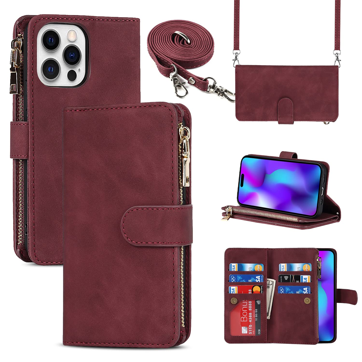 Cavor Compatible with iPhone 14 Pro Case With Card Holder With Strap,Flip Leather Crossbody Women Wallet Case,[9 Card Holders][2 Lanyards],Cover Phone Case Compatible with iPhone 14 Pro - Red