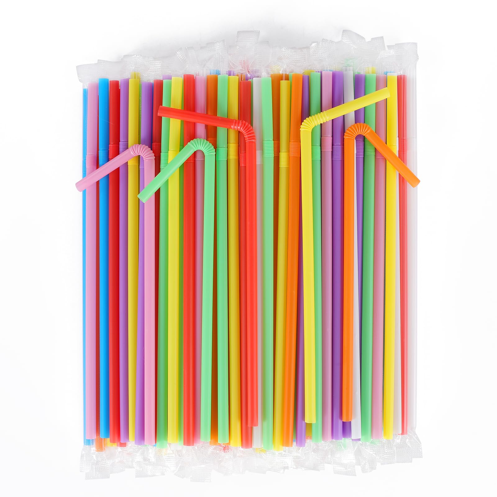 Photo 1 of [400 Pcs] Bendy Individually Wrapped Plastic Straws - 8.25" Long Disposable Flexible Colorful Drinking Straws