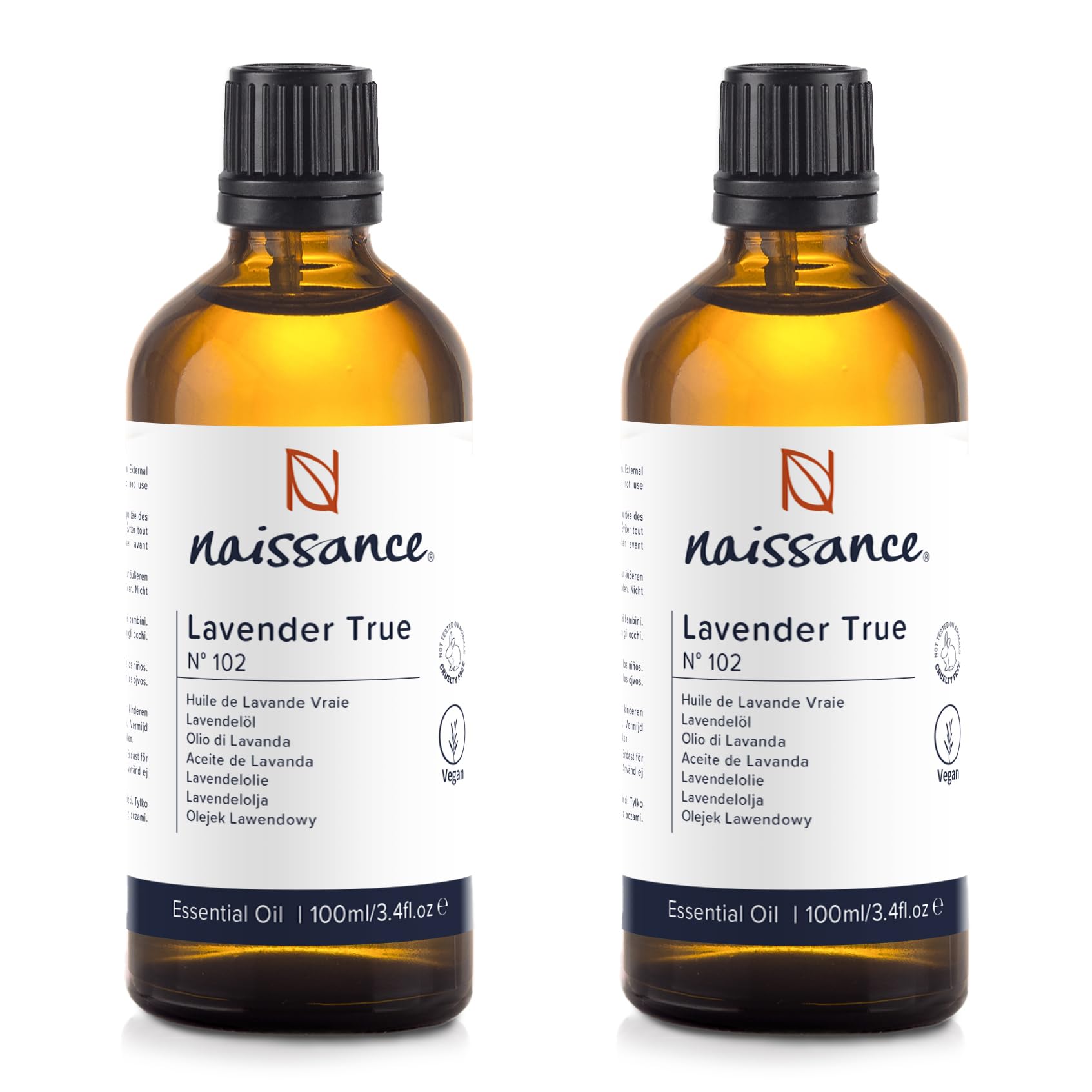 Naissance True Lavender Essential Oil (No. 102) 200ml (2x100ml) - Pure, Natural, Cruelty Free, Vegan, Steam Distilled and Undiluted - Relaxing & Soothing - For Diffusers, Aromatherapy & Massage Blends
