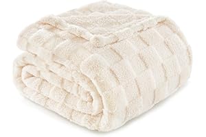 Exclusivo Mezcla Fleece Throw Blanket for Couch,Super Soft and Warm Lightweight Checkered Pattern Blankets for All Seasons, 50x60 Inches, Ivory