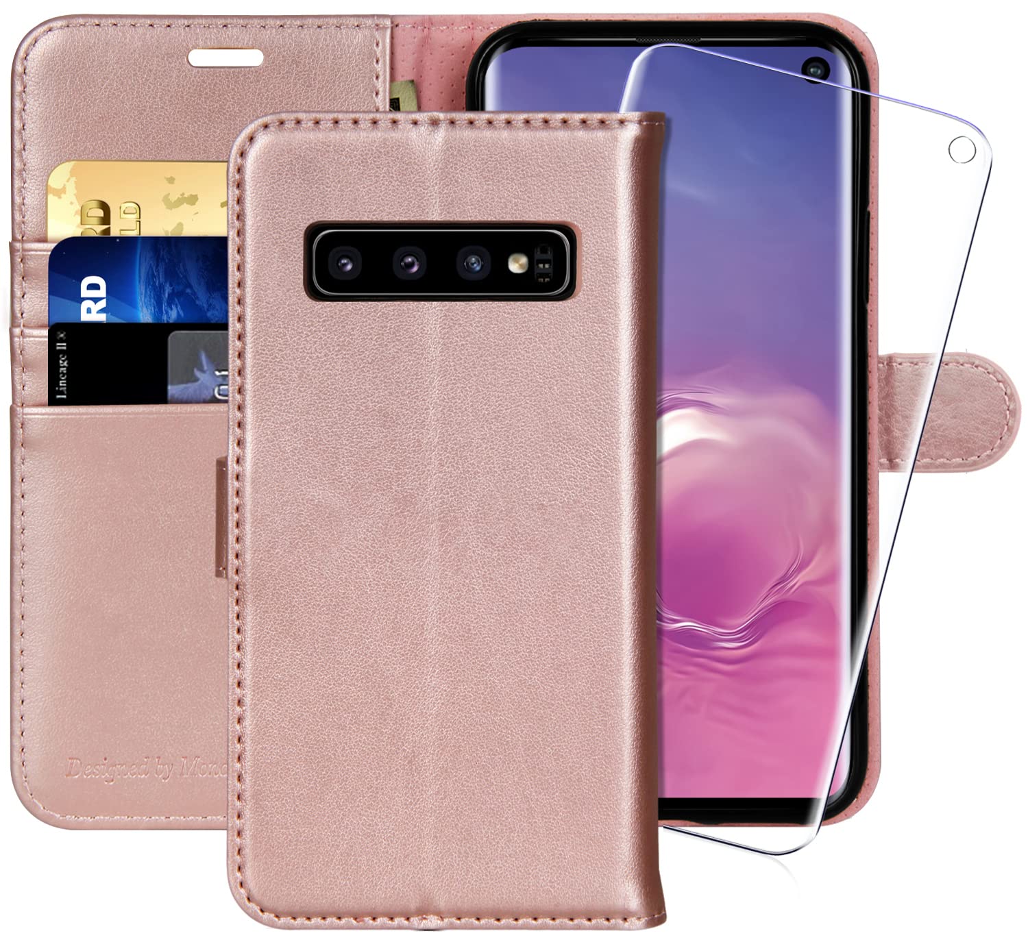 MONASAY Galaxy S10 Wallet Case, 6.1 inch [Included Screen Protector] Flip Folio Leather Cell Phone Cover with Credit Card Holder for Samsung Galaxy S10,Rose Gold