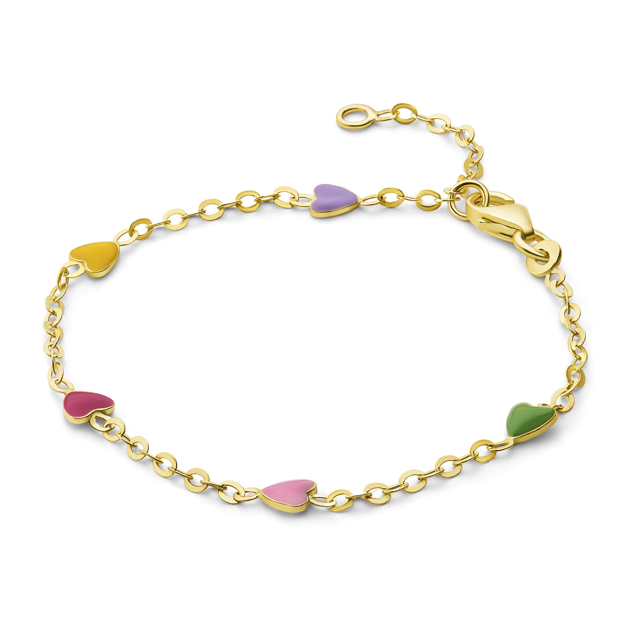 MIORE Kids colourful children's bracelet with 5 enamel hearts in 9 karat 375 yellow gold, length 14 cm (12 cm + 2 cm extention) spring ring closure