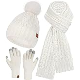 Womens Winter Beanie Hat Touchscreen Gloves Long Neck Scarf Set Warm Knit Caps with Pom Fleece Gifts for Women