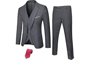 Hihawk Men's 3 Piece Suit with Stretch Fabric, Solid Slim Fit One Button Suit Blazer Set, Jacket Vest Pants with Tie.