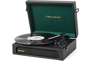 TANLANIN Vinyl Record Player with Built-in Speakers Bass/Treble Gain Vintage Portable Bluetooth Turntable Record Player Black & Green (Litchi Pattern)