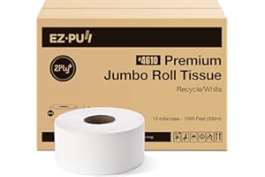 EZPULL EZbrnd Premium Recycled 2-Ply 9" Jumbo Roll Tissue, Commercial Bathroom, Toilet Paper, Standard 3" Core/Septic Safe/Unscented, 1000 ft x 12 rolls